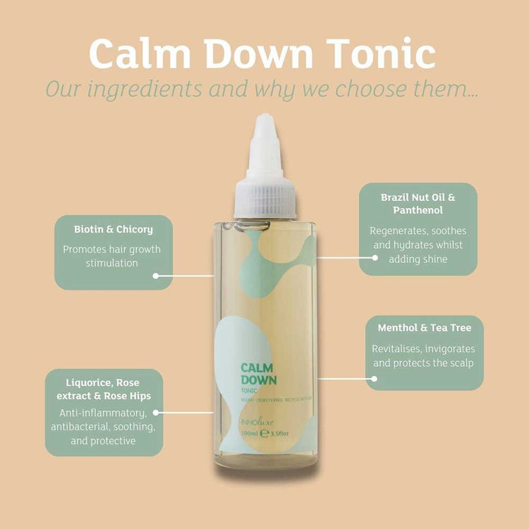 Soothe dandruff, dry, itchy, and sensitive scalps with INNOluxe Calm Down Tonic 100ml at The DO Salon, St Kilda Melbourne Australia. Infused with Menthol, Tea Tree, and Biotin for instant relief, hydration, and scalp health. Buy online now for a calm and refreshed scalp! Benefits of INNOluxe Tonic