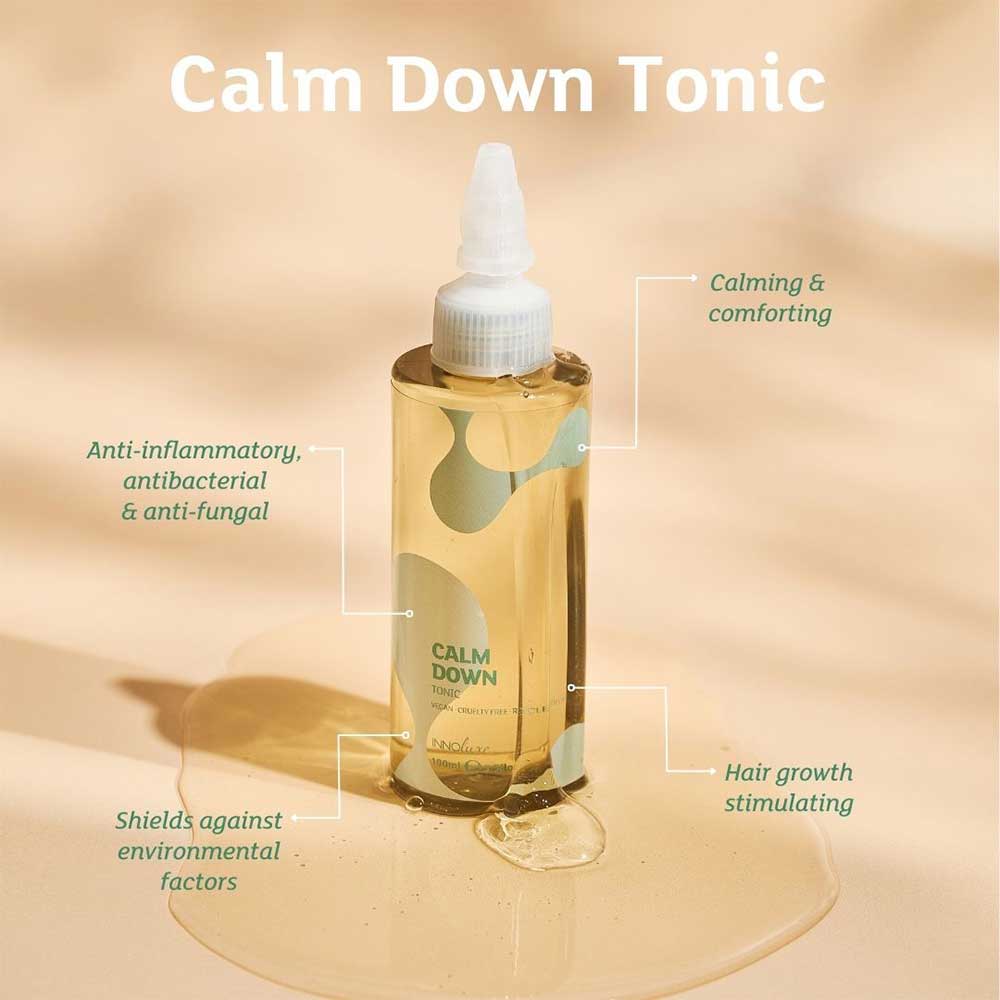 Soothe dandruff, dry, itchy, and sensitive scalps with INNOluxe Calm Down Tonic 100ml at The DO Salon, St Kilda Melbourne Australia. Infused with Menthol, Tea Tree, and Biotin for instant relief, hydration, and scalp health. Buy online now for a calm and refreshed scalp! Ingredients of Calm Down Tonic