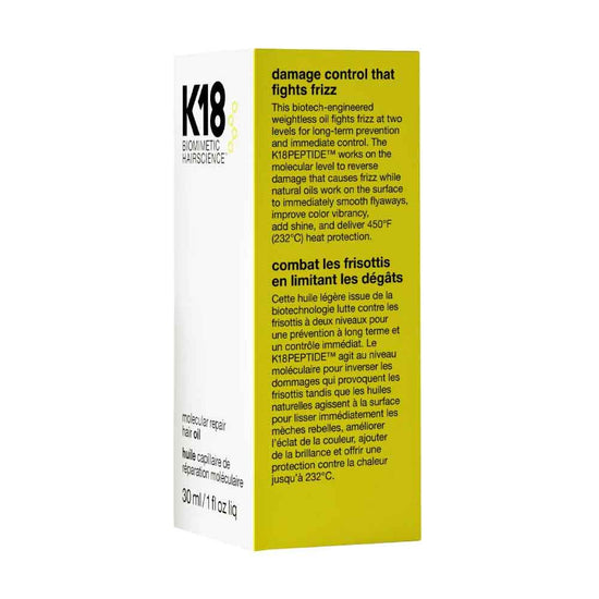 Experience the power of K18 Molecular Repair Hair Oil at The DO Salon. Achieve sleek, frizz-free hair with minimised split ends and enhanced shine. Protect your locks from heat damage while repairing and strengthening from within. Discover the lightweight, non-greasy formula for all hair types. Get your bottle today! box