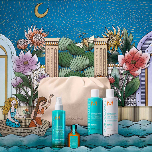 Repair weak, damaged hair with Moroccanoil Festive Fairytale Repair Pack. Includes Moisture Repair Shampoo, Conditioner, Leave-in Conditioner & Treatment. Discover the Moroccanoil range at The DO Salon in St Kilda, Melbourne. Shop now! artwork