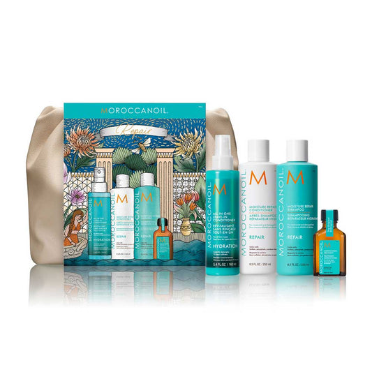 Repair weak, damaged hair with Moroccanoil Festive Fairytale Repair Pack. Includes Moisture Repair Shampoo, Conditioner, Leave-in Conditioner & Treatment. Discover the Moroccanoil range at The DO Salon in St Kilda, Melbourne. Shop now!"