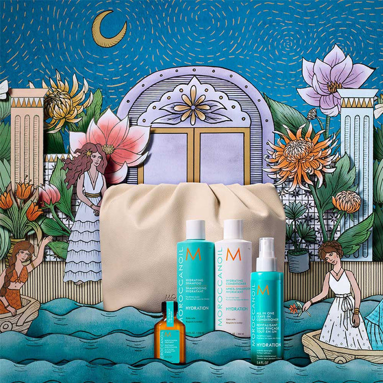 Discover the Moroccanoil range at The DO Salon in St Kilda, Melbourne. The Festive Fairytale Hydration Pack includes Hydrating Shampoo, Conditioner, Leave-in Conditioner & Treatment. Perfect for dry hair, this limited edition pack hydrates, nourishes, and adds shine. Shop online or in-salon today! artwork