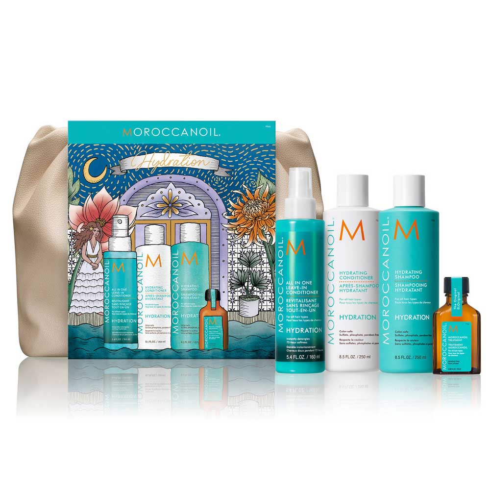 Discover the Moroccanoil range at The DO Salon in St Kilda, Melbourne. The Festive Fairytale Hydration Pack includes Hydrating Shampoo, Conditioner, Leave-in Conditioner & Treatment. Perfect for dry hair, this limited edition pack hydrates, nourishes, and adds shine. Shop online or in-salon today!