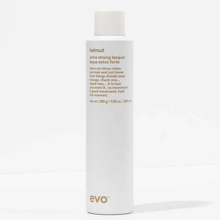 Evo Helmut Extra Strong Lacquer features a vegan, strong-hold formula to create locked-in, high shine finishes. Helmut brushes out easily without leaving residue, and features aromatic, citrus, floral and green fragrance notes, leaving the hair fresh and lightly scented. Buy online at The DO Salon today.